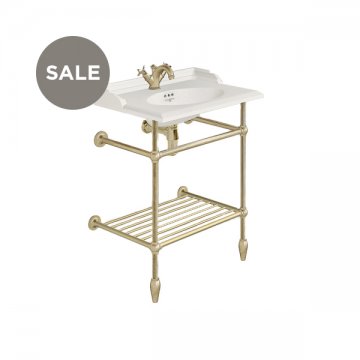 Victorian 630mm basin, basin stand with tapered feet, basin mixer and bottle trap in Satin Brass