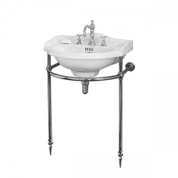 Edwardian 630mm basin 3 tap holes with Hawthorn Hill Single 2 leg curved wall basin stand