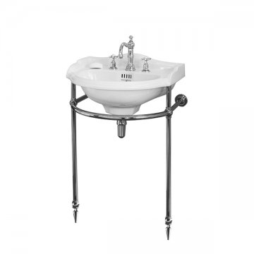 Edwardian 520mm basin 3 tap holes with Hawthorn Hill Single 2 leg curved wall basin stand