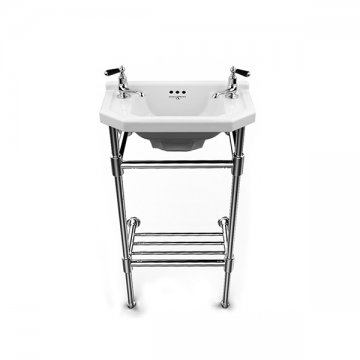 Art Deco 525mm basin 2 tap holes with Hawthorn Hill Art Deco basin stand. Contemporary joints, stepped feet & shelf