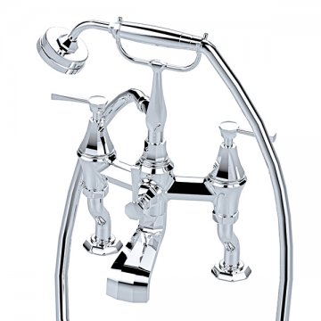 Deco bath mixer on pillar unions with handshower in cradle & lever taps