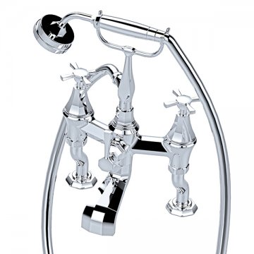 Deco bath/shower mixer with crossheads and handshower on pillar unions