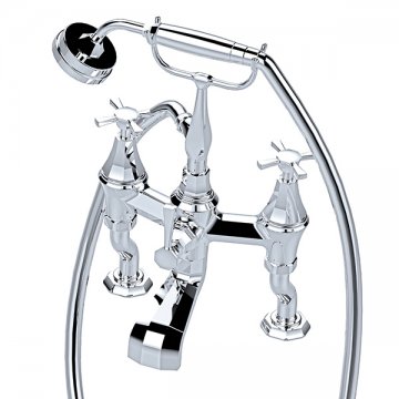 Deco bath mixer on pillar unions with handshower in cradle & crosshead taps