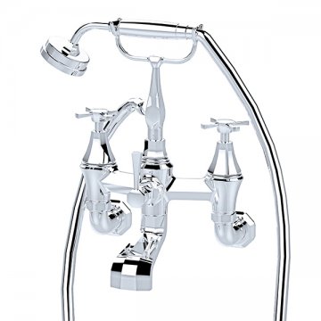 Deco wall mounted bath mixer with handshower in cradle & crosshead taps