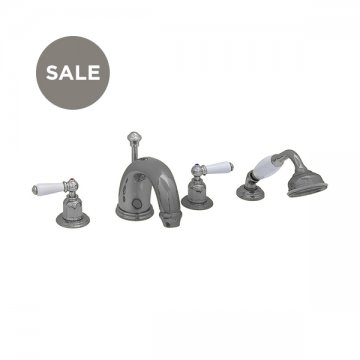 4 hole bath mixer with 180mm high spout, handshower & white porcelain lever taps