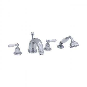 Four hole bath set with 180mm high spout white porcelain levers and handshower