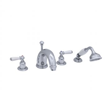 4 hole bath mixer with 180mm high spout, handshower & white porcelain lever taps