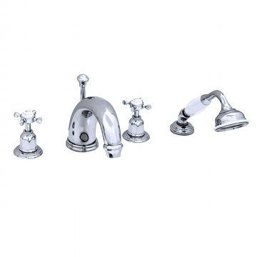 4 hole bath mixer with 255mm high spout, handshower & crosshead taps