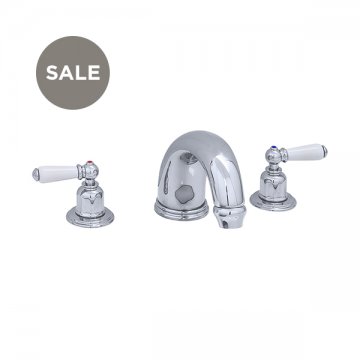 3 hole bath mixer with 180mm high spout & white porcelain lever taps