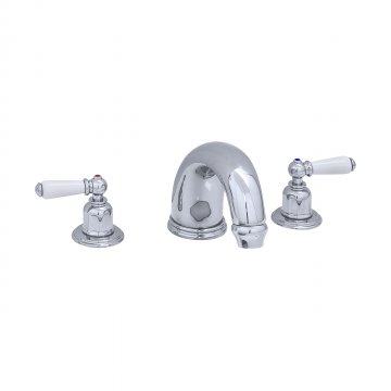 3 hole bath mixer with 180mm high spout & white porcelain lever taps