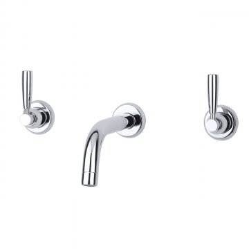Langbourn wall-mounted basin mixer with modern spout & metal lever taps