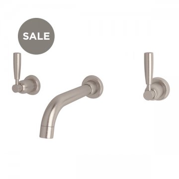 Langbourn wall-mounted basin mixer with modern spout & metal lever taps