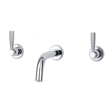 Contemporary wall mounted basin mixer with modern spout & metal lever taps