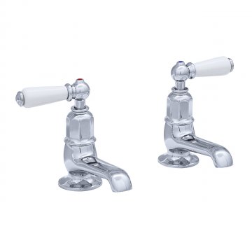 Pair of basin pillar taps with white porcelain levers