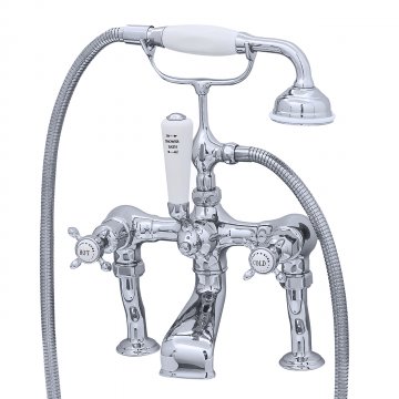 Bath/shower mixer on pillar unions with crossheads and a handshower in a cradle