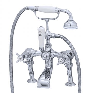 Bath mixer on pillar unions with handshower in cradle & crosshead taps