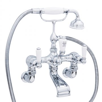 Wall mounted bath mixer with handshower in cradle & lever taps