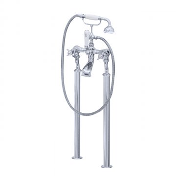 Bath/shower mixer on floorlegs with crossheads and a handshower in a cradle