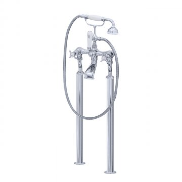 Bath filler on floorlegs with handshower in cradle & crosshead taps