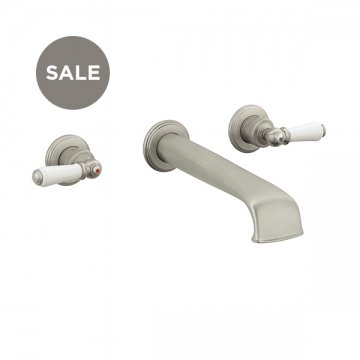 Wall-mounted basin mixer with low spout & white porcelain lever taps