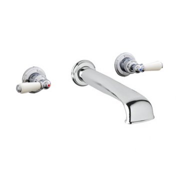 Wall mounted basin tap set with low spout and white porcelain levers