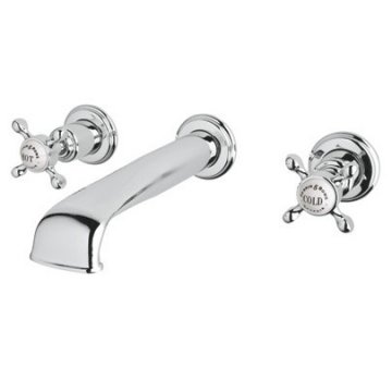 Wall-mounted basin mixer with low spout & crosshead taps