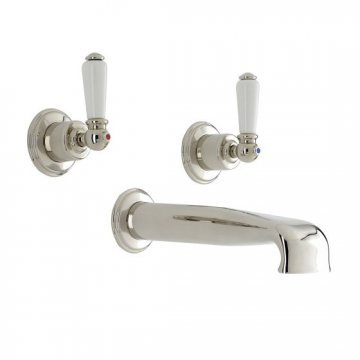Wall mounted bath mixer with low bath spout & lever taps