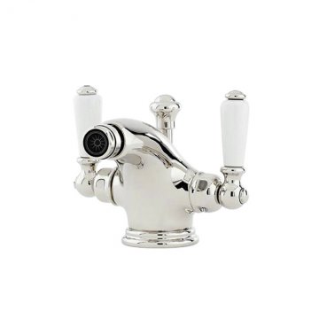 Monobloc bidet mixer with white porcelain lever taps & pop-up waste