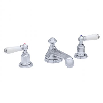 Three hole basin set with low spout and white porcelain levers