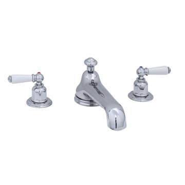 Three hole bath set with low spout and white porcelain levers