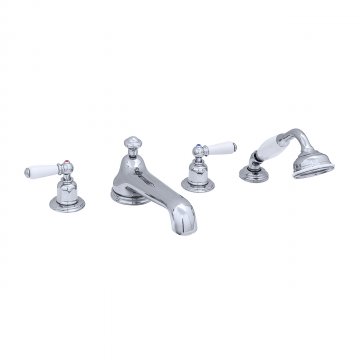 Four hole bath set with low spout white porcelain levers and handshower