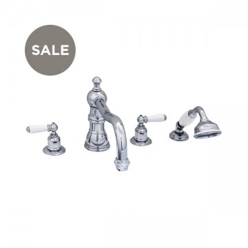 4 hole bath mixer with country spout, handshower & white porcelain lever taps
