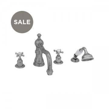 4 hole bath mixer with country spout, handshower & crosshead taps