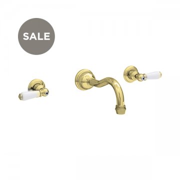 Wall-mounted basin mixer with country spout & white porcelain lever taps