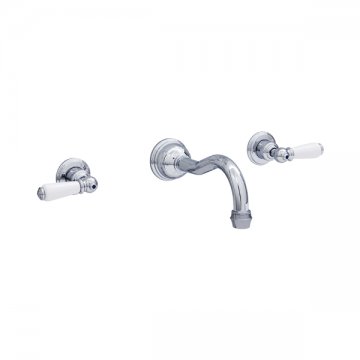 Wall mounted basin mixer with country spout & white porcelain lever taps