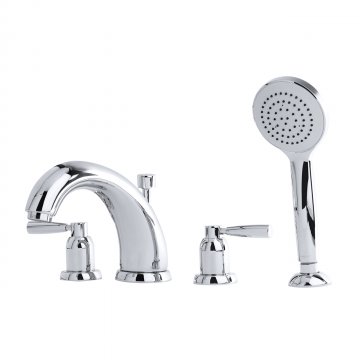 Contemporary 4 hole bath mixer with 175mm high spout, handshower & lever taps