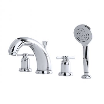 Contemporary 4 hole bath mixer with 175mm high spout, handshower & crosshead taps