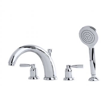 Contemporary 4 hole bath mixer with 260mm high spout, handshower & lever taps