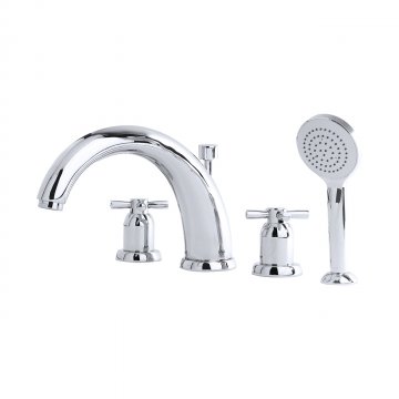 Contemporary 4 hole bath mixer with 260mm high spout, handshower & crosshead taps