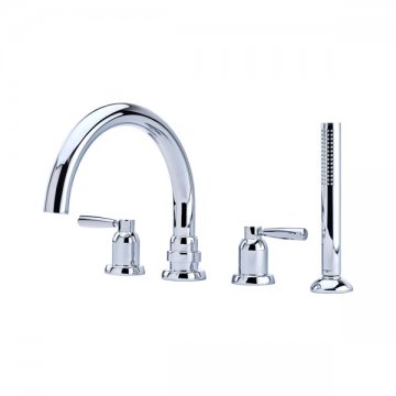 Contemporary 4 hole bath mixer with 225mm high spout, handshower & lever taps