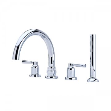 Langbourn 4 hole bath mixer with 225mm high spout, handshower & lever taps