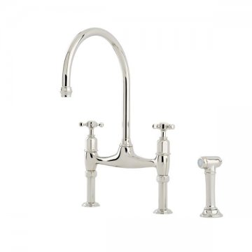Ionian two hole bench mounted mixer with crossheads, straight legs & spray rinse