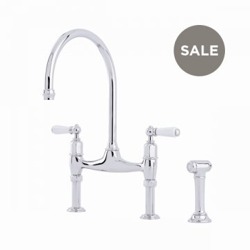 Ionian 2 hole bench mounted sink mixer with straight legs, porcelain lever taps & spray rinse