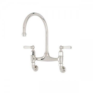 Ionian 2 hole wall mounted sink mixer with white porcelain lever taps
