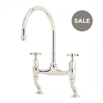 Ionian 2 hole bench mounted sink mixer with offset legs & crosshead taps