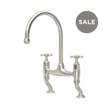 Ionian 2 hole bench mounted sink mixer with offset legs & crosshead taps