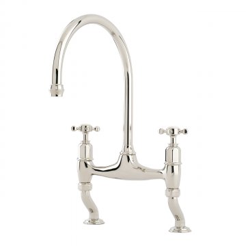 Ionian 2 hole bench mounted sink mixer with offset legs & crosshead taps