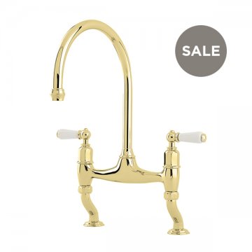 Ionian 2 hole bench mounted sink mixer with offset legs & white porcelain lever taps