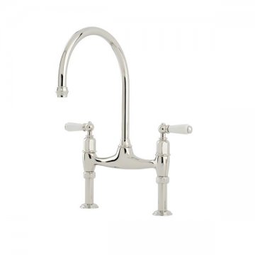 Ionian 2 hole bench mounted sink mixer with straight legs & white porcelain lever taps