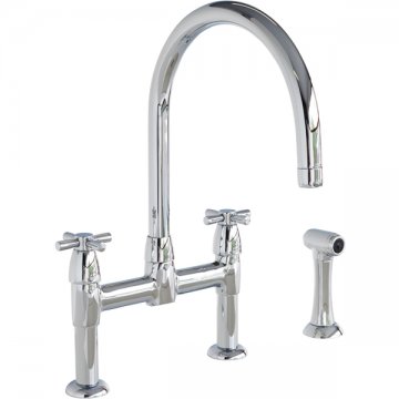 Io two hole bench mounted mixer with crossheads round spout & spray rinse